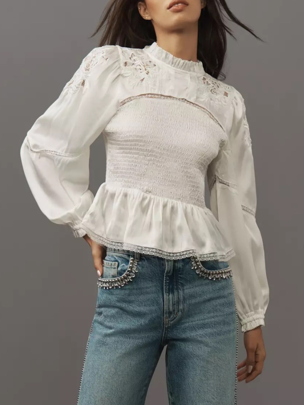 Anthropologie White Smocked Lace Peplum Blouse